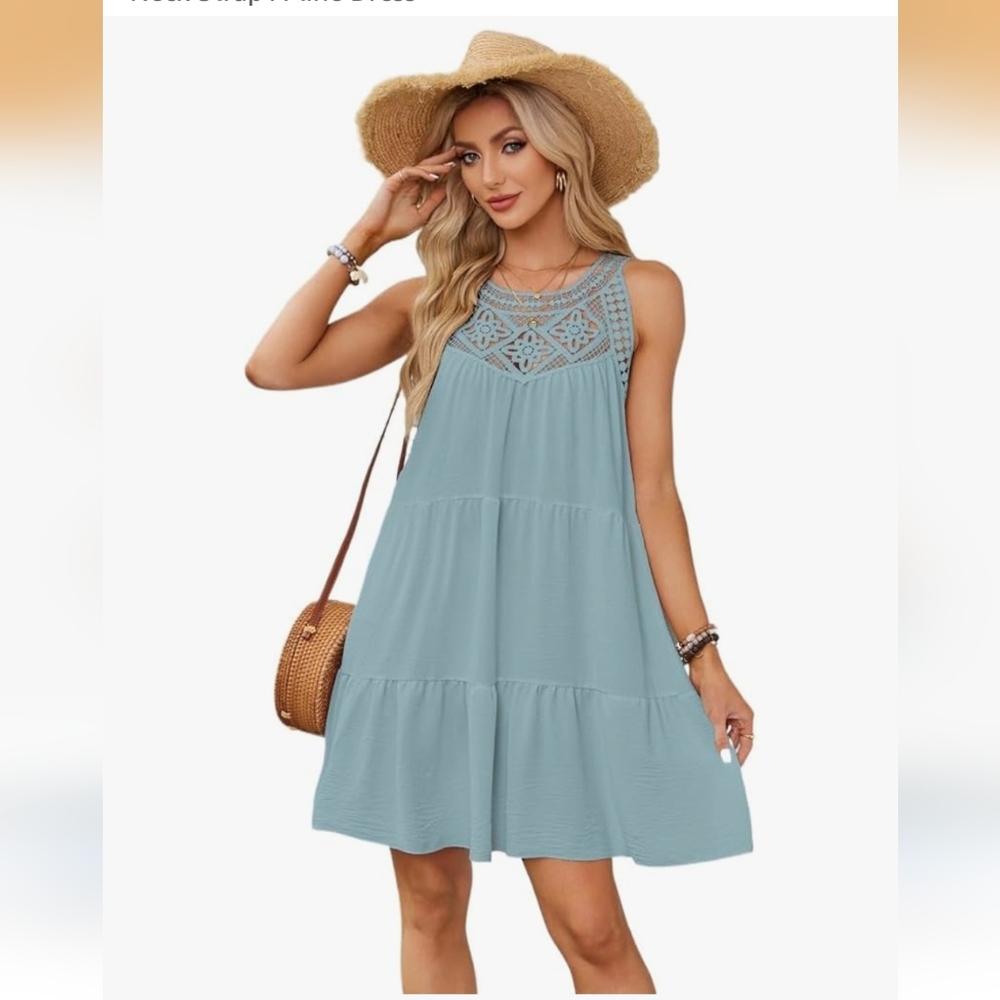 Floral Lace neck crochet halter swing a line tiered summer beach dress Bridal